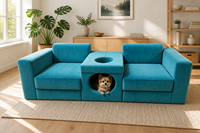 Canapé modulaire UJOY à double entrée pour animaux de compagnie, 3 modules, en velours côtelé turquoise, 210 cm, avec niche intégrée pour chien et chat, export OEM