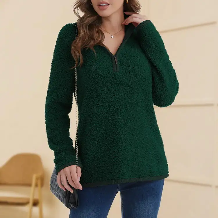 Женский темно-зеленый вязаный свитер 1/3 молнии, повседневный однотонный пуловер, топы с длинными рукавами, осенние свитера