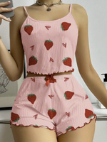 Pyjama d'été sexy blanc de haute qualité avec imprimé fraises, ensemble camisole et short, tenue de nuit sexy pour femme, ensemble de pyjama 2 pièces pour femme