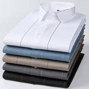 Camicia da <span class=keywords><strong>uomo</strong></span> <span class=keywords><strong>Slim</strong></span> <span class=keywords><strong>Fit</strong></span> a maniche lunghe a righe Casual da ufficio elasticizzata senza rughe in filato traspirante Anti-Pilling tinto per la primavera - Product Image 2