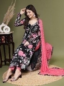 ผู้หญิงดอกไม้ Chinon ปักและกระจกทํางาน Anarkali Kurta จับคู่กับกางเกงและชีฟอง Dupatta ชุดสตรีชาติพันธุ์สวมใส่ - Product Image 2