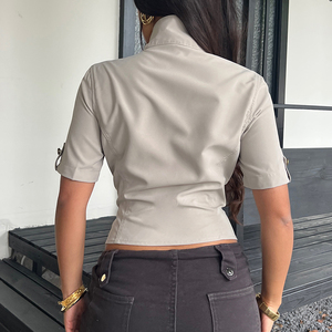 Camisa de mujer estilo utilitario con cremallera en el bolsillo, cuello con volantes, botones, manga corta, tejido transpirable, top de verano - Product Image 6