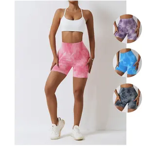 Grosir celana pendek pewarna dasi pinggang tinggi mulus celana pendek kebugaran lembut pengendara olahraga kebugaran latihan untuk wanita