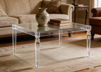 Table à manger en acrylique transparent avec plateau en verre trempé, design contemporain pour usage hôtelier, forme carrée, mobilier de salle à manger de luxe