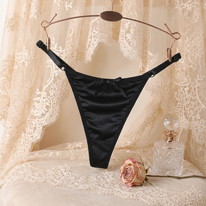 Culottes string en satin pour femmes, avec joli nœud, fines bretelles réglables, taille basse, lingerie de luxe en soie glacée, OEM ODM - Product Image 2