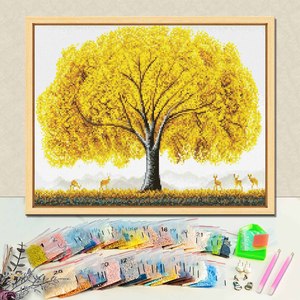 Kit de Pintura de Diamantes Golden Tree, Paisaje de Árbol Otoñal, Broca Redonda Impresa, DIY con Marco, Forma Rectangular - Product Image 1