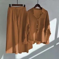 Setelan pakaian wanita kasual, setelan baju wanita Linen katun kasual dua potong warna merah muda, baju lengan panjang pinggang tinggi dan celana lebar