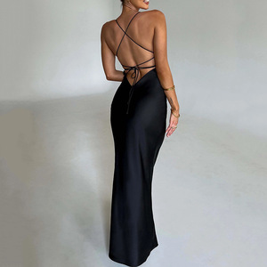Vêtements pour femmes Sexy sangle Satin robe automne nouvelle mode dos nu à lacets taille contrôlée longue - Product Image 4
