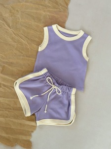 Ensemble 2 pièces pour filles, débardeur sans manches et short, couleur unie, coton respirant, bas à cordon de serrage, tenue d'été pour tout-petits - Product Image 3