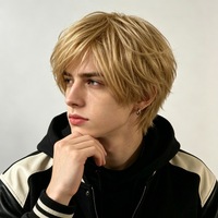 Perruque synthétique dorée de style européen et américain pour hommes, cheveux courts volumineux, fibre haute température, perruque complète pour garçons