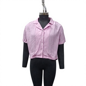 Women's <b>Pink</b> Short Sleeve <b>Crop</b> <b>Top</b> Button Down Shirt Solid Color Casual Spring Summer Poplin Blouse Regular Fit - Product Image 1