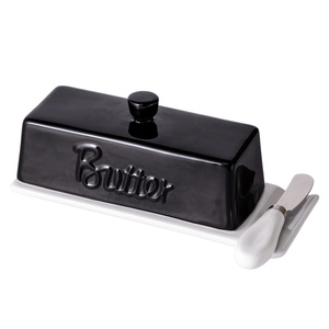 Beurrier en porcelaine noire de luxe avec couteau, récipient de rangement pour le fromage, compatible lave-vaisselle, design moderne, motif végétal pour restaurant - Product Image 1