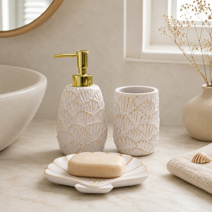 Ensemble de salle de bain élégant en polyrésine avec accents dorés et motifs en relief, accessoires décoratifs pour salle de bain de luxe - Product Image 3