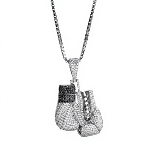 Boxing <b>Glove</b> Pendant With Crystal Rhinestones 925 <b>Silver</b> Hiphop Style Unisex Charm Gift - Product Image 1