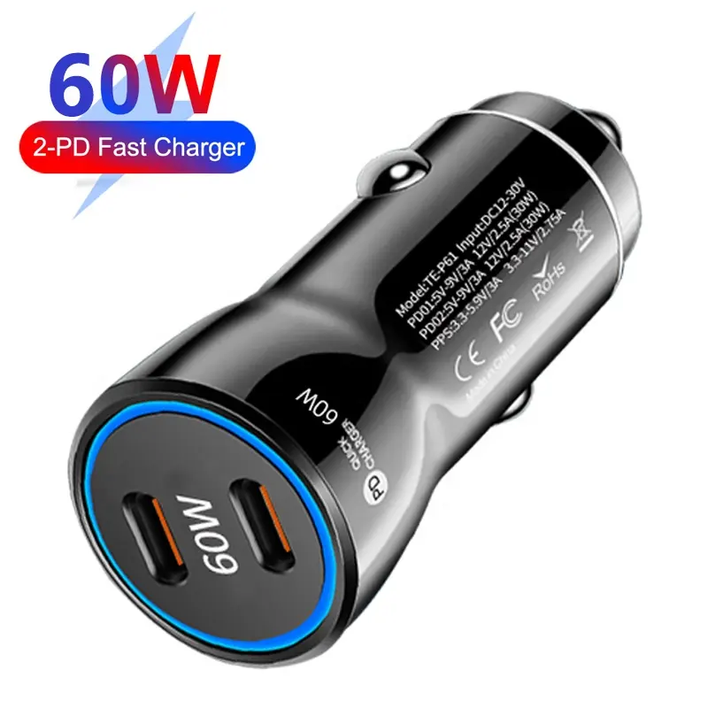 Intelligent Dual Port PD60W Car Charger Dual Type C Fast Charge PD30W+PD30W Quick Mobile Charger For iPhone 15/14 Huawei Samsung