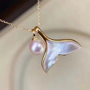 Collar con colgante de perlas de agua de mar, collar con colgante de 15x15mm en forma de sirena, Delfín, fregona rosa, oro de 18 quilates, 100%, Akoya - Product Image 5