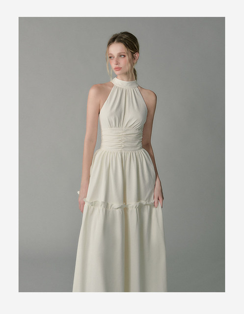 Halter Neck Dress Ruched Smocked Waistband Tiered Ruffle Maxi Skirt Solid Gown Apparel Factory Vendor Custom