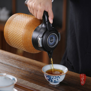 Bamboo Woven Pure Titanium Thermos Flask With Temperature Display For Tea Serving - Product Image 1