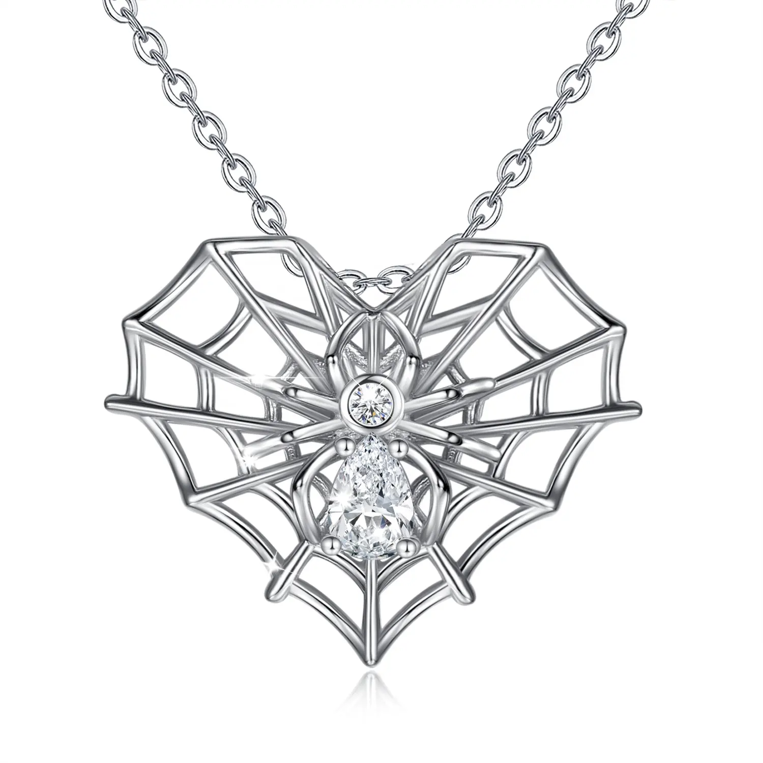 925 sterling silver cubic zircon amor coração web aranha pingente de colar