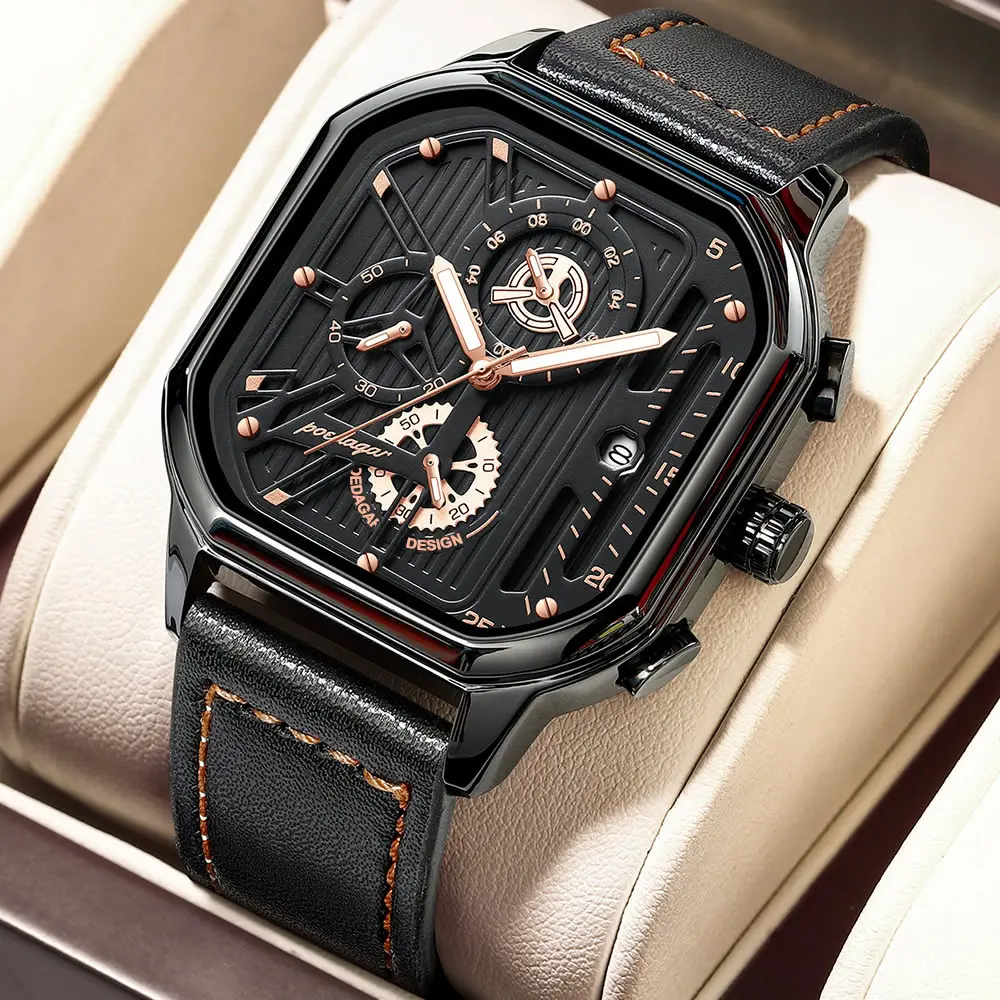 POEDAGAR 628 orologio da uomo quadrato impermeabile cinturino in pelle PU  orologi al quarzo cinturino in acciaio inossidabile orologio da polso