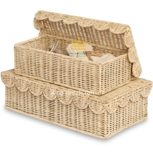 Panier de rangement festonné en rotin écologique fait main avec couvercle, beige, pour la maison, la salle de bain et la chambre à coucher – Vente chaude au Vietnam - Product Image 1