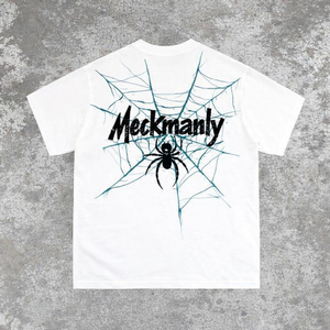 Camiseta Blanca de Manga Corta para Hombre Meckmanly, Cuello Redondo, Diseño de Telaraña Estampada, Corte Regular, Estilo Casual - Product Image 1