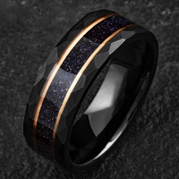Ensemble de bagues en carbure de tungstène noir 8 mm et 6 mm avec opale bleue et feuille d'or, alliances pour hommes et femmes, accessoires de mode, cadeaux