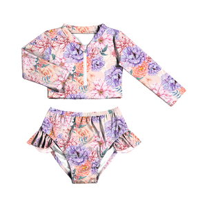 어린이 소녀 래쉬가드 2 종 딸기 패턴 수영복 세트 긴 소매 프릴 지퍼 수영복 태양 보호 - Product Image 2