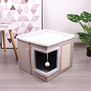 Lit <span class=keywords><strong>Cube</strong></span> <span class=keywords><strong>Chat</strong></span> Moderne Mignon avec Scratch Pad & Hideaway Tente Feutre Motif Couvert Cave Meubles pour Chats d'Intérieur - Product Image 4