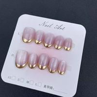 Puro hecho a mano usable uñas forma de almendra pintado a mano oro francés alta calidad reutilizable fábrica al por mayor