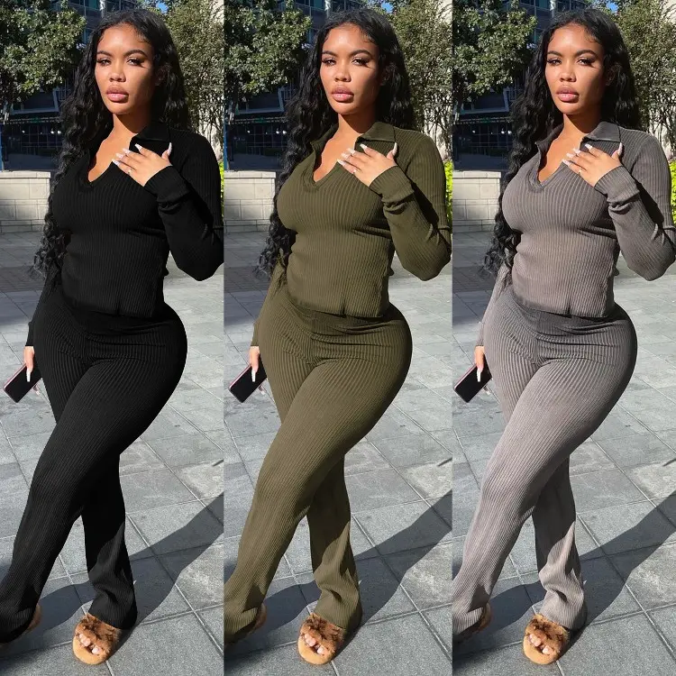 2022 Spring Women's Clothes Set Long Sleeve Lounge Wear Pants Suits Knitting Ribbed Women Clothing Two Piece Pants Set Women