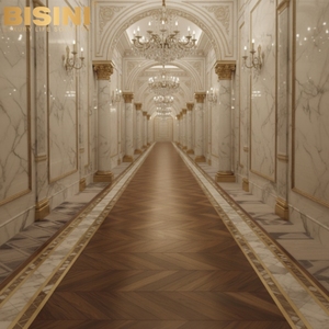 Parquet Chevron en Noyer de Luxe de Qualité Muséale avec Bordure en Marbre Blanc et Liseré en Laiton Façonné à la Main - Product Image 2