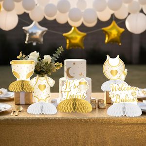 Decorazioni per Baby Shower Gemelli, 8 Pezzi Oro e Bianco, Centrotavola a Nido d'Ape 'Benvenuti Bambini', Decorazioni per Tavolo Gemelli - Product Image 3