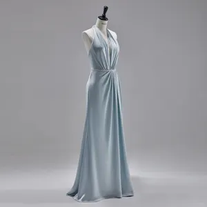 Abito da ballo di alta qualità con scollo a V in raso blu con cintura di perle abito da sera 2024 sposa dopo le feste abiti