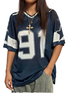 Camiseta de Fútbol Americano Personalizada Azul Marino y Blanca, Número 91, Cuello en V, Malla Transpirable, Manga Corta, Estilo Deportivo Holgado, 100% Poliéster - Product Image 1