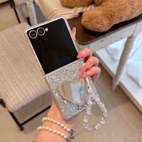 Casing Ponsel Cermin Hati Berkilau Bling untuk Samsung Galaxy Z Flip 8 7 6 5 dengan Tali Pergelangan Tangan Berhias Berlian dan Penyangga Lipat
