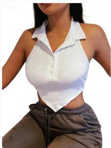 Top corto tipo <span class=keywords><strong>polo</strong></span> halter acanalado para <span class=keywords><strong>mujer</strong></span> con cuello, cremallera de botones, bajo asimétrico y sin mangas, estilo casual - Product Image 1