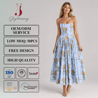Robe midi corset élégante bleu clair à motifs floraux Joydressing, bretelles spaghetti, plissée, style vintage, pour l'été, vente en gros, personnalisable
