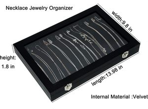 Scatola di lusso nero espositore gioielli in pelle PU con coperchio in vetro rettangolare vassoio custodia organizer supporto per gioielli - Product Image 5