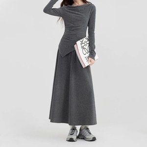 Ensemble 2 pièces décontracté pour femmes, haut asymétrique à épaules dénudées à manches longues et jupe longue, tendance - Product Image 3