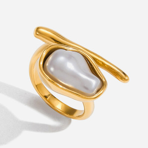 Pearl <b>Ring</b> 18K Gold Stainless Steel Baroque Style Asymmetrical <b>Open</b> Design Unisex Everyday Wear - Product Image 1