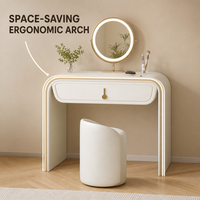 Table de toilette moderne minimaliste en bois massif avec miroir sur pied, bureau de maquillage de luxe en cuir crème, tiroirs de rangement, meuble de chambre