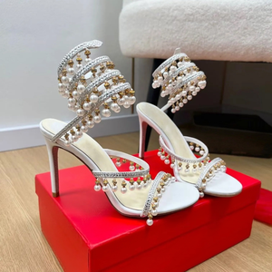 Luxury Spiral Wrap Around Sandals for Women Pearl Rhinestone Stiletto Heels Sexy Serpentine Ankle Strap Party Dress <b>Shoes</b> - Product Image 4