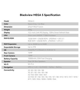 Nouvelle tablette Blackview MEGA 5 AI 12,2 pouces, écran 2,4K 120 Hz, 12 Go de RAM, 256 Go de stockage, batterie 10000 mAh, charge 55 W, 4G, Android 16, tablette PC - Product Image 5
