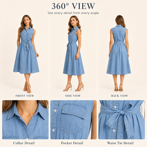 Maßgeschneidertes Modisches Ärmelloses Jeanskleid mit Knopfleiste vorne, Schlanker Schnitt, Bindegürtel, Gewaschener Denim für Damen und Mädchen - Product Image 3