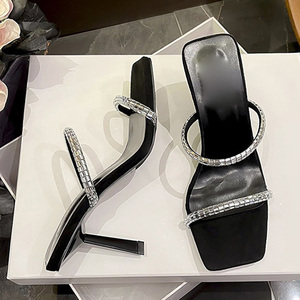 2025 Summer Roman Platform Style High-Heeled for Slippers New Fashionable Exposed Toes Sexy Nude Crystal Square Mesh - Product Image 5