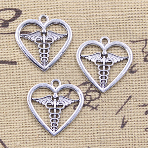 Breloques <span class=keywords><strong>Cœur</strong></span> <span class=keywords><strong>Symbole</strong></span> Médical Caducée 25x25mm, Fabrication Artisanale, Pendentifs Vintage Couleur Argent Tibétain, DIY pour Bracelet et Collier - Product Image 5