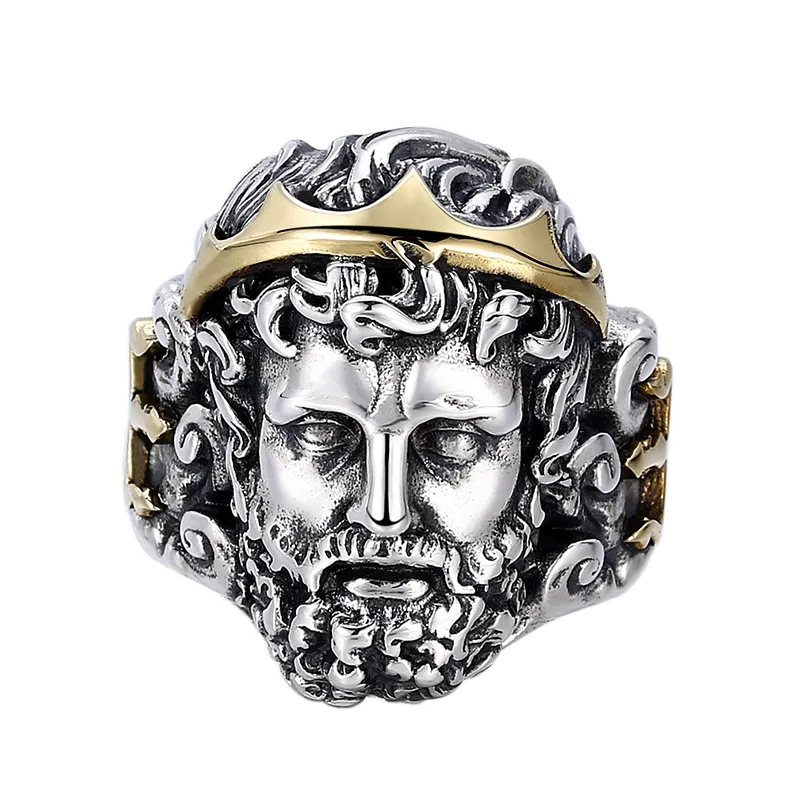 S925 Silver Vintage Thai Silver Men's Personalized Indian Style Head Figure Open Ring Fashion Jewelry