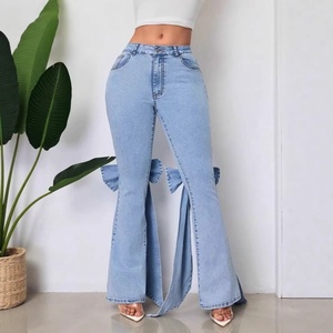 Jeans acampanados elásticos con lazo para mujer, pantalones vaqueros de pierna ancha de cintura alta en azul claro, estilo urbano de moda para verano - Product Image 3