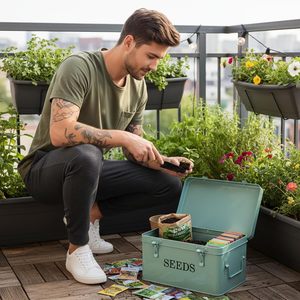 Grande boîte de rangement pour graines en métal rectangulaire vert moderne avec 4 compartiments, 40 enveloppes et 20 étiquettes pour plantes en bambou - Product Image 5